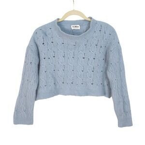 27 Miles Malibu Cashmere Silk Boxy Cropped Cable Pointelle Sweater Medium Blue